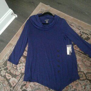 Chelsea &Theodore Royal blue cowl necked top button accent, hankerchef hem L NWT